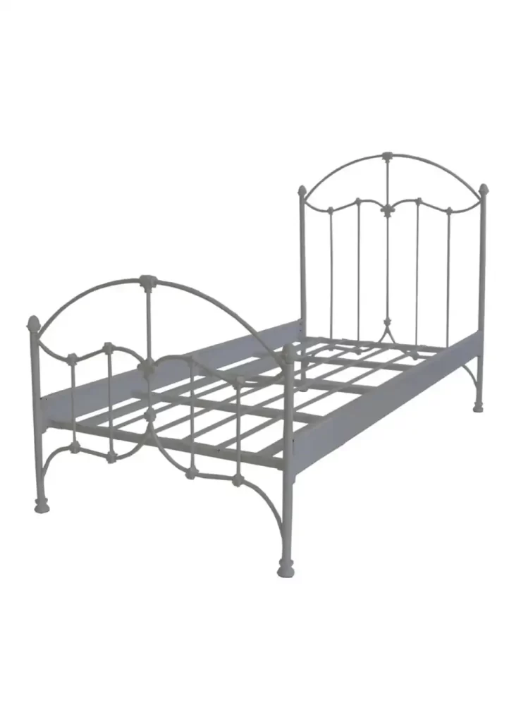 Estrutura de cama de ferro solteiro branca com design clássico e acabamento delicado.