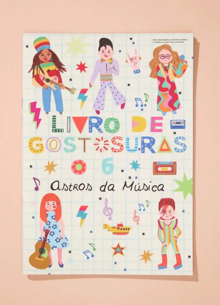 Capa do Livro de Gostosuras 6 Astros da Música com ilustrações de artistas e elementos musicais