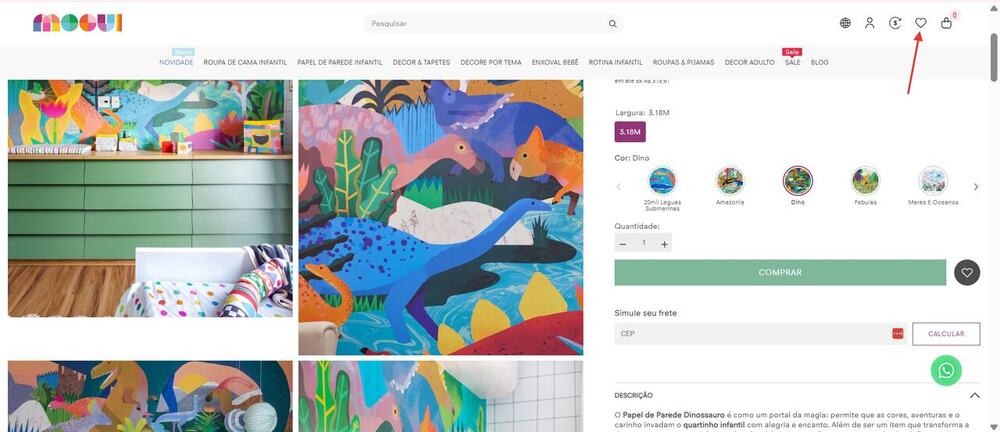 Tela de acesso à lista de desejos do site MOOUI com papel de parede infantil Dino, repleto de ilustrações coloridas e detalhes lúdicos.