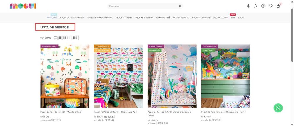 Página de produto da MOOUI exibindo papel de parede infantil com dinossauros coloridos em meio à natureza, ideal para um quarto cheio de aventura e imaginação.