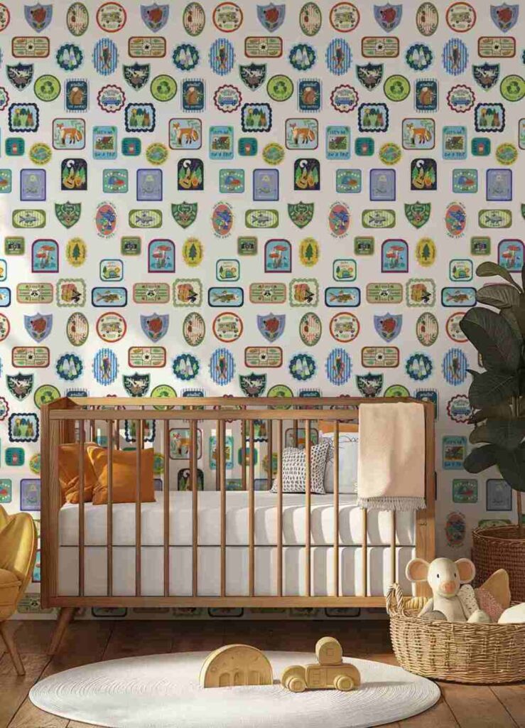 Quarto de bebê com berço de madeira e papel de parede temático, decoração lúdica e ambiente acolhedor para recém-nascido.