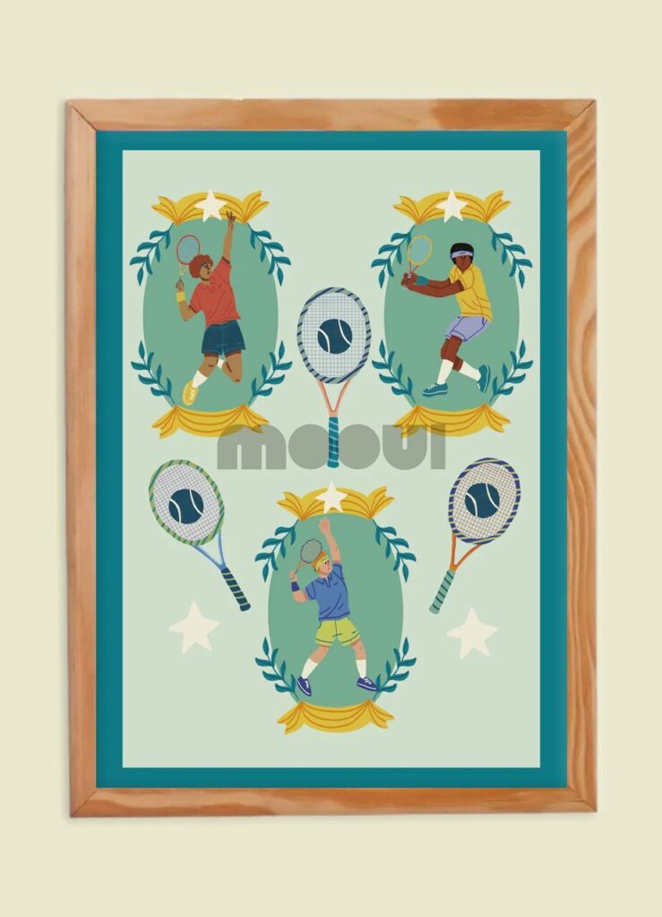 Pôster infantil de tênis para decoração de quarto compartilhado entre crianças esportistas.