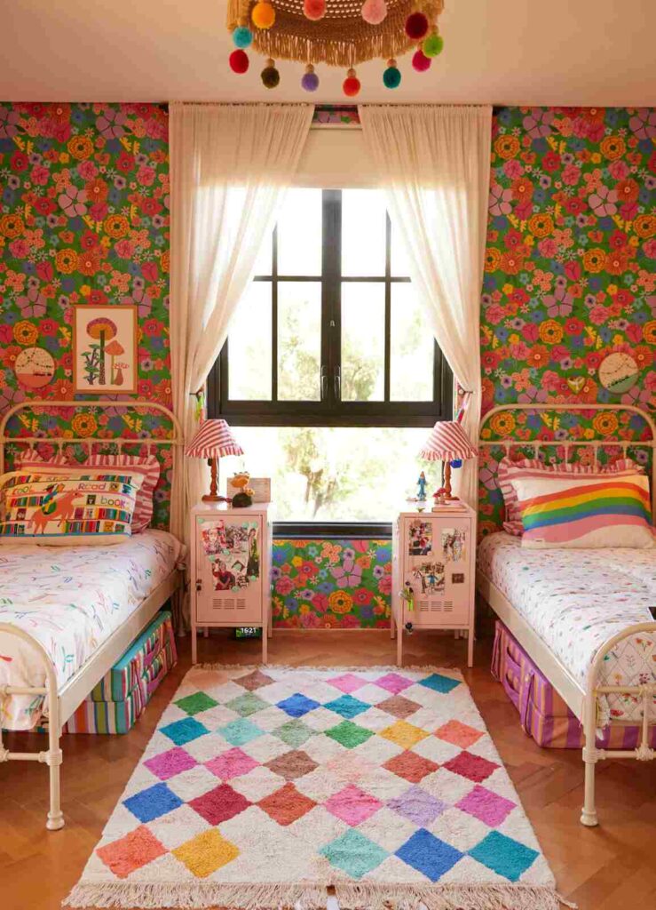 Quarto infantil decorado com tapete macio de algodão colorido, camas de ferro e papel de parede floral vibrante.